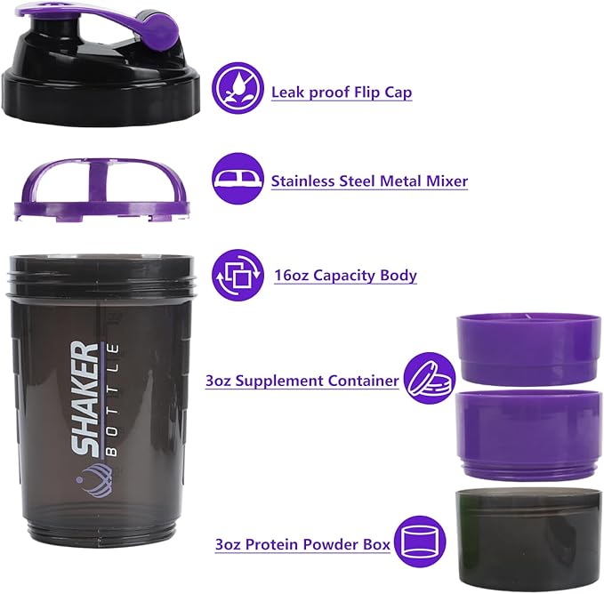 Protein Shaker Bottle,Sports Water Bottle,Leak Proof Shake Bottle For Protein Mixer,Non Slip 3 Layer Twist Off 3oz Cups with Pill Tray,Workout Shaker Bottle 16oz,Purple