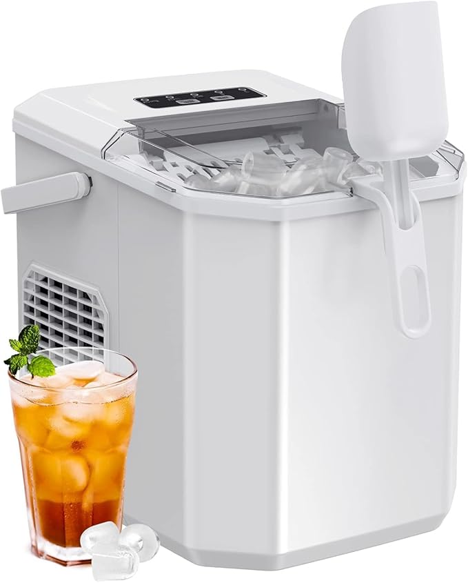 Ice Maker Countertop, Portable Ice Machine with Carry Handle, Self-Cleaning Ice Makers with Basket and Scoop, 9 Cubes in 6 Mins, 26 lbs per Day, Ideal for Home, Kitchen, Camping, RV, White