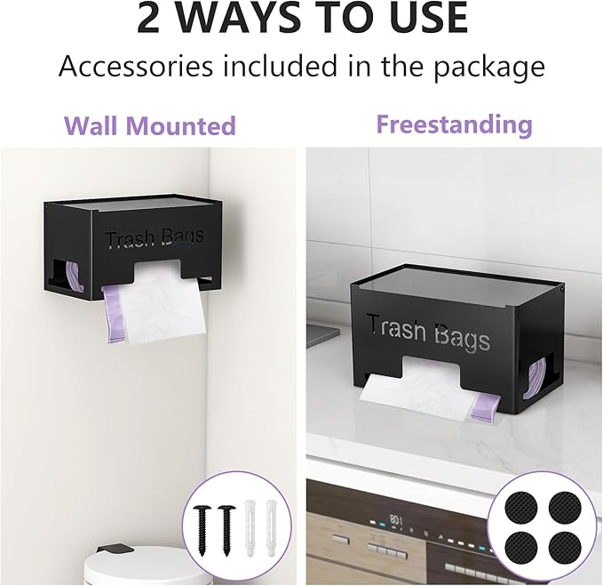 STWWO Extra Large Trash Bag Holder Dispenser, Metal Garbage Bag Dispenser Roll Holder,Trash Storage Organizer for Kitchen Laundry Room Under Sink, Wall Mounted or Freestanding, Black