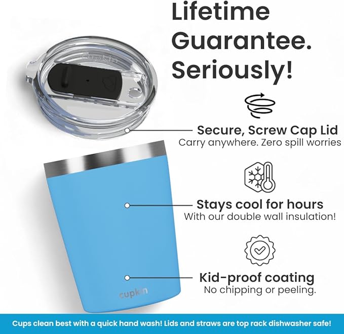 CUPKIN Stackable Stainless Steel Kids Cup Smoothie Tumbler, Powder Coated Insulated Tumblers, BPA Free Lid and Silicone Straw 8 Fl Oz (Pack of 1), Bright Blue