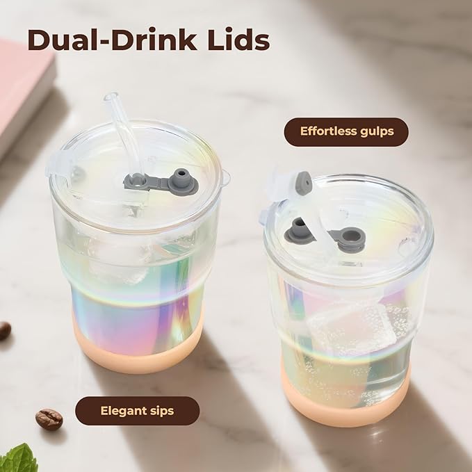 Zukro 13 oz Glass Iced Coffee Cups with Lid and Straw, Leak Proof Glass Tumbler for Ice Tea, Water, Non-Slip Silicone Bottom, Thick Wall Drinking Glasses for Home/Office, BPA Free, Shrimmer 2 Pack