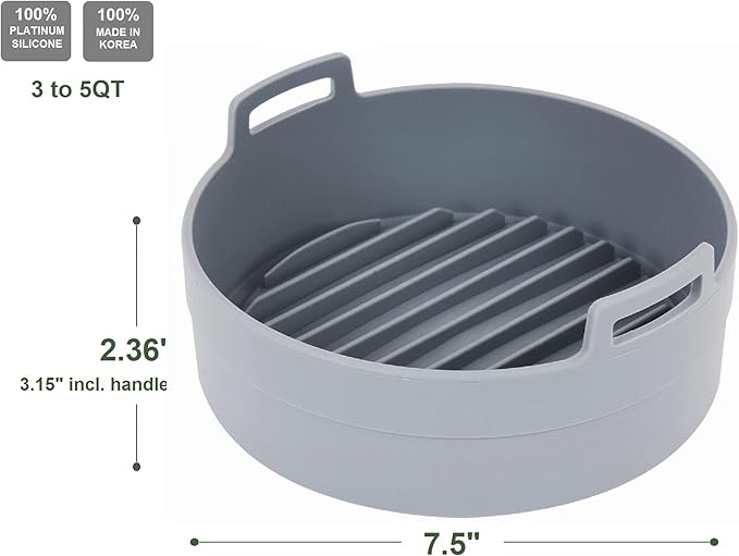 Premium Air Fryer Silicone Pot, Bowl, Basket 3 to 5 QT | Food Safe Air Fryers Oven Accessories | Easy to Clean | Replacement of Parchment Liners | 7.5 inches in diameter, Gray