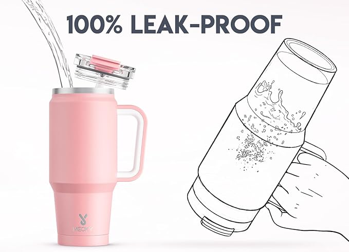 Meoky 32 oz Tumbler with Handle, Insulated Tumbler with Lid and Straw, Stainless Steel Travel Mug, Keeps Cold for 24 Hours, 100% Leak Proof, Fits in Car Cup Holder (Blush)