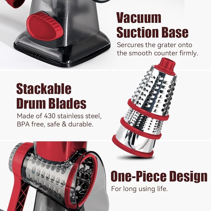 KEOUKE Rotary Cheese Grater Pro 6 in 1 - Shredder Crinkle Slicer Grinder Ice Shaver, Stable Suction, Time-saving Easy Use & Clean, Safe Morden Kitchen Tool for Cheese, Vegetable, Nuts, Chocolate