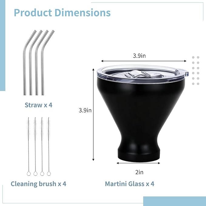 Stainless Steel Martini Glasses with Lids and Straws, Martini Glasses Set of 4, Perfect for Home Bar, Beach, and Picnics, Quality Double-Wall Insulated Tumblers, 10 oz