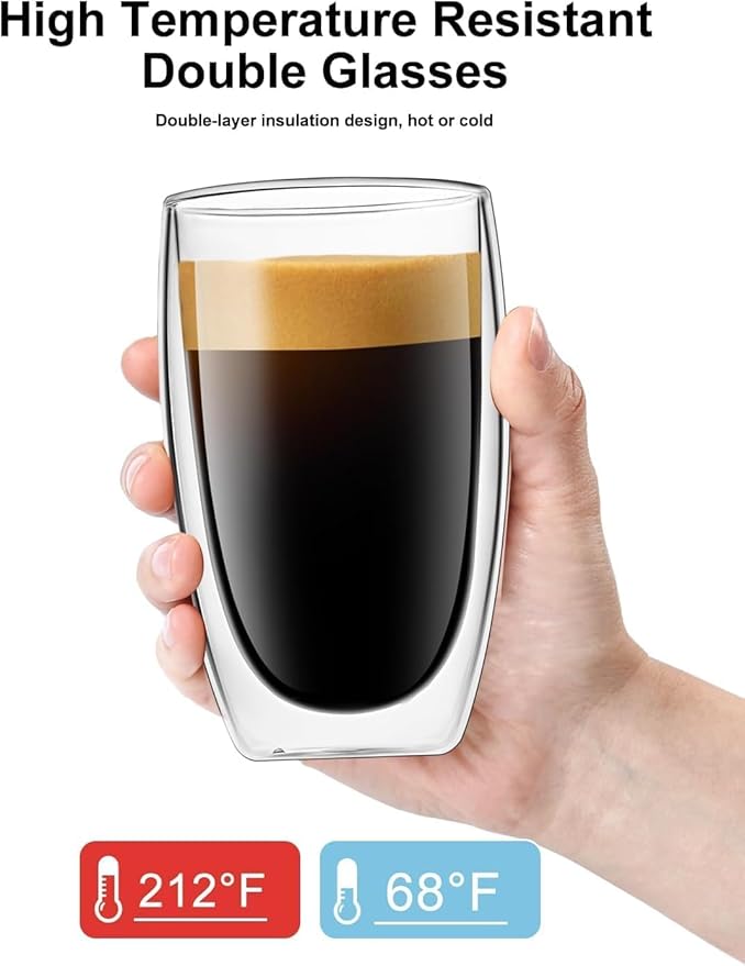 DOPUDO 17oz Double Wall Glass Coffee Mugs Set of 4, Insulated Coffee Mug, Clear Borosilicate Glass Coffee Cups for Cappuccino, Tea, Lightweight and Microwave Safe