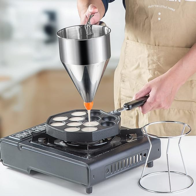 40oz Pancake Batter Dispenser, Stainless Steel Cake Dispenser with 4 Caliber Funnel & Stand, Baking Tools for Pancakes, Cupcakes & Baked Goods