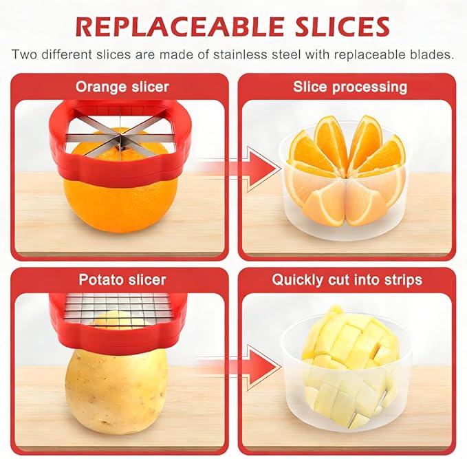 Orange Slicer,Lemon/Lime Slicer,Apple-Slicers,Potato French Fry Cutter,Veggie Chopper,Spam Slicers,Fruit Splitter Onion Cut,Strawberry Slicing Kitchen Gadgets for Fruit Vegetable,w/ 2 Slice