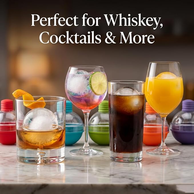 Whiskey Ice Ball Mold 5 Pack, 2.6 Inch Large Sphere Ice Maker Set, Assorted Colors with Lids, Food Grade Silicone Easy Release Ice Cube Molds for Home Bar, Cocktail, Bourbon, Scotch, Gift for Parties