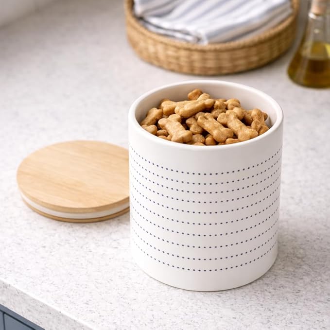 Pearhead Ceramic Dog Treat Jar with Wooden Lid – Container for Dog Biscuits & Training Treats, Airtight Stoneware Pet Snack Storage Canister, Modern Blue Dot Kitchen Countertop Jar