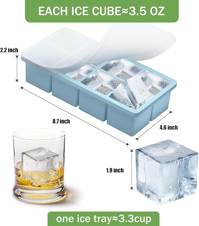 Large Ice Cube Molds, 2 Pack Easy Release Ice Trays for Freezer with Lid, Stackable Square Big Silicone Ice Cube Tray BPA Free Slow Melting for Bourbon Whiskey, Cocktails, Iced Coffee （Blue）