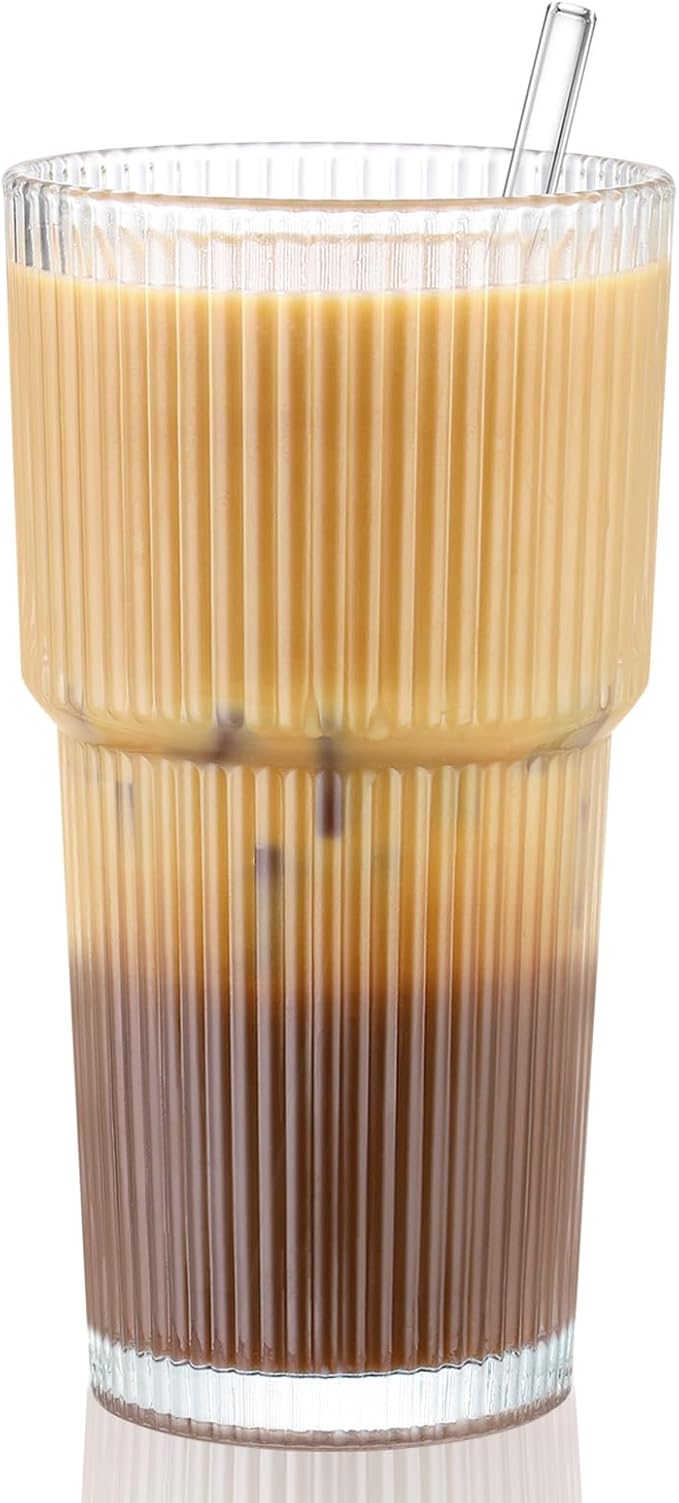 CWHHRN 20 oz Glass Cup and Straw, Glass Tumbler with Straw, Vintage Glassware for Whiskey Cocktail Beer, Iced Coffee Cups (1 PACK)