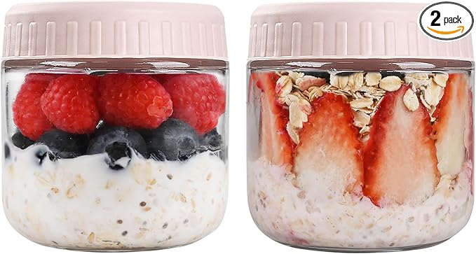 SHOWIN Overnight Oats Containers with Lids, 10oz Glass Jars with Lids 2 pcs, Pink, Wide Mouth Mason jars for Salad, Yogurt, Snacks, Meal Prep