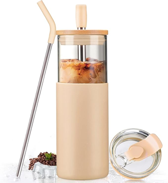 Kodrine 24oz Glass Tumbler with Lids and Straws|Bamboo & On the go Lid|Reusable Ice Coffee Cup with Silicone Sleeve, Glass Coffee Tumbler for Smoothie/Matcha, Dishwasher & BPA Free-Amber