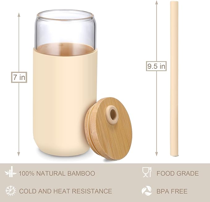 20oz Glass Water Tumbler with Silicone Protective Sleeve - Beer Can Glass Cups with Straw and Bamboo Lid, Iced Coffee Glasses, Cute Drinking Glasses for, Water Smoothie, Boba Tea, Gift - Amber