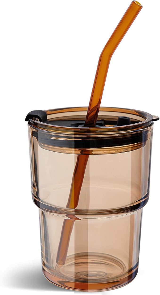 Olvini 13oz Glass Tumbler with Straw and Lid, Reusable Iced Coffee Cup Tumbler, Cute Glass Cups for Water, Matcha, Travel Coffee Mugs (Amber - 13oz)