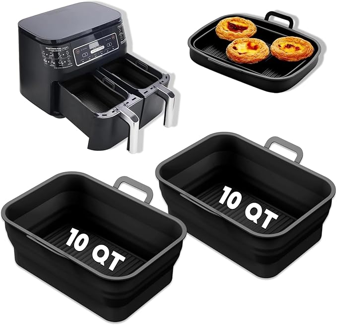 Collapsible 2-Pack Air Fryer Silicone Liners for 10QT NINJA Foodi Dual, Reusable Rectangular Silicone Basket Pot for Air Fryer Accessories (Black)