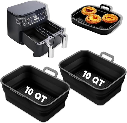 Collapsible 2-Pack Air Fryer Silicone Liners for 10QT NINJA Foodi Dual, Reusable Rectangular Silicone Basket Pot for Air Fryer Accessories (Black)