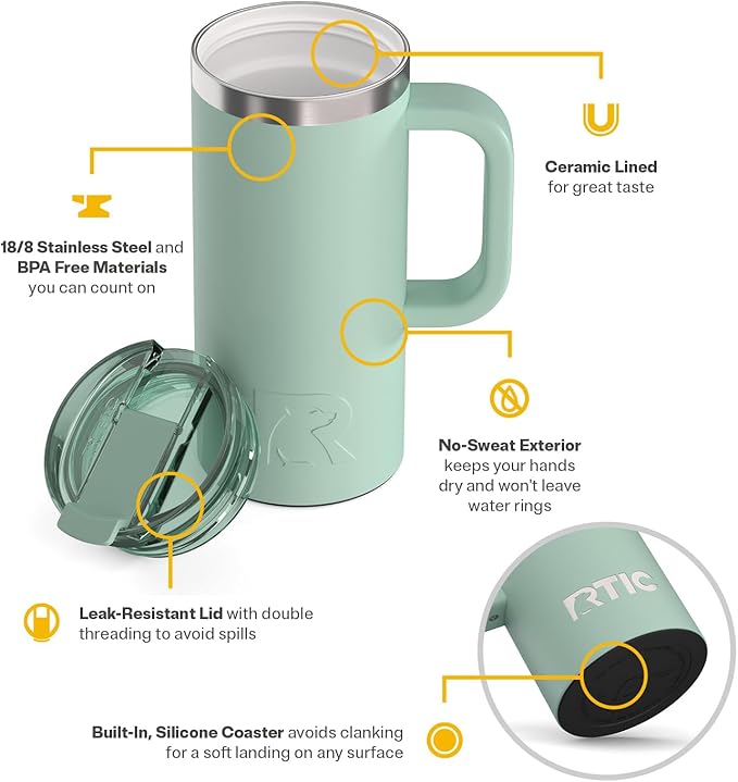 RTIC 16oz Road Trip Travel Mug with Lid and Handle, Ceramic Lined, Insulated, Stainless Steel, Metal, Double Wall Vacuum-Insulation, Portable Coffee, Tea Cup for Hot and Cold Drink, Fresh Mint