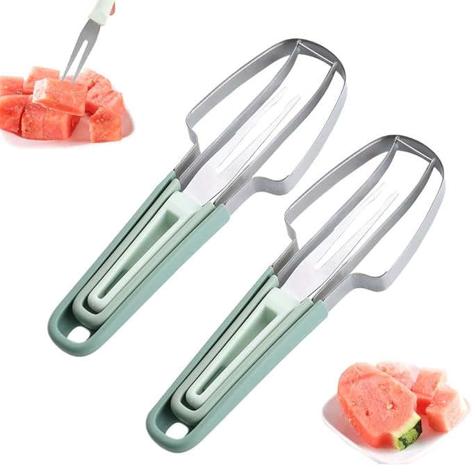3-in-1 Watermelon Fork Slicer Cutter, 2024 New Stainless Steel Watermelon Popsicle Cutter Slicer Tool, Quickly Watermelon Fork Fruit Cutting Tool Fruit Cutters for Camping Kitchen Gadgets (Green-2)