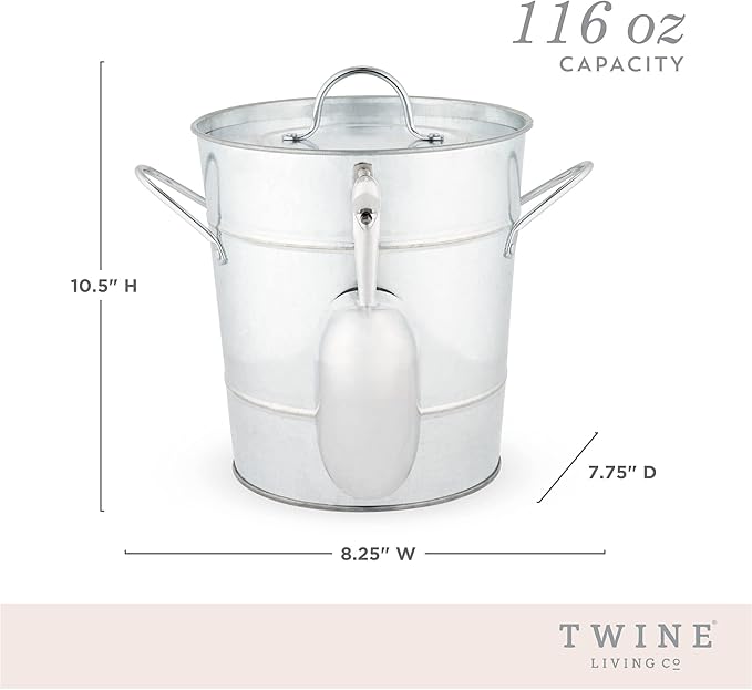 Twine Insulated Ice Bucket With Lid & Scooper for Parties - Galvanized Metal Bucket Cooler & Drink Tub Holds 1 Gallon