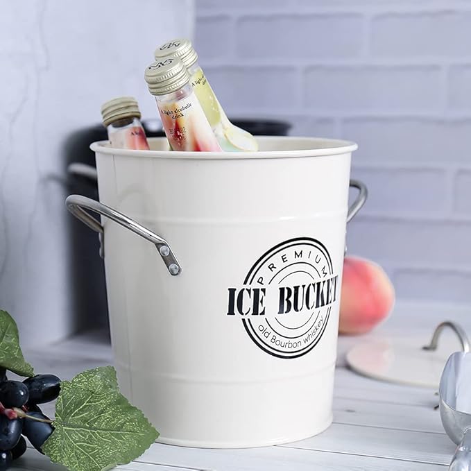 T586A 4L Cream White Metal Galvanized Double Walled Ice Bucket Set with Lid and Scoop