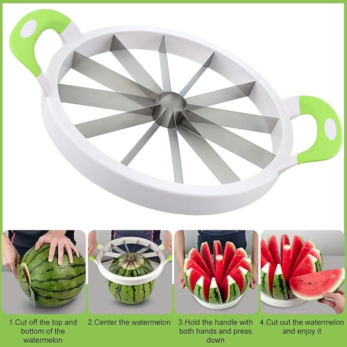 Extra Large Watermelon Slicer Cutter, Stainless Steel Watermelon Knife Set with See-d Remover, Sharp Fruit Cutter Round Divider for Cantaloup Melon Pineapple, Fruits up to 30cm(COLOR:Green)