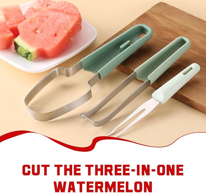 3-in-1 Watermelon Fork Slicer Cutter, 2024 New Stainless Steel Watermelon Popsicle Cutter Slicer Tool, Quickly Watermelon Fork Fruit Cutting Tool Fruit Cutters for Camping Kitchen Gadgets (Beige)