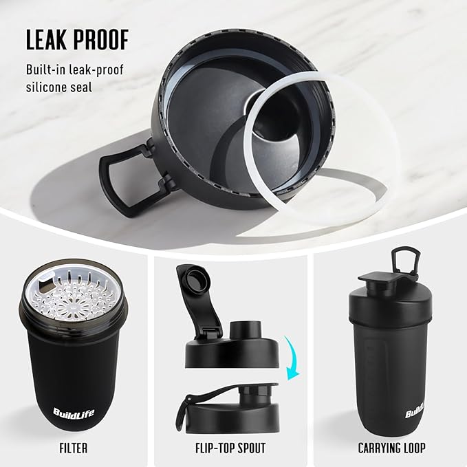 BuildLife Protein Shaker Bottle, 20oz Tritan Shaker Cup with Silent Mixing Grid – Lump Free Shakes 600ML for Pre Workout Protein & Smoothies, BPA-Free Leakproof Dishwasher Safe (Black)