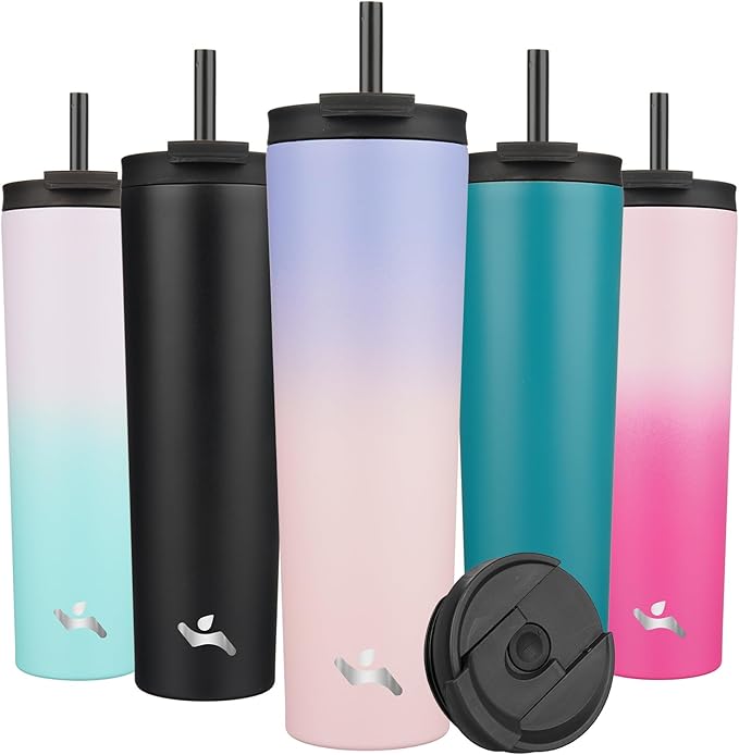 Konokyo 34 OZ Insulated Tumbler with Lid and 2 Straws Stainless Steel Water Bottle Vacuum Travel Mug Coffee Cup,Pastel Sunset