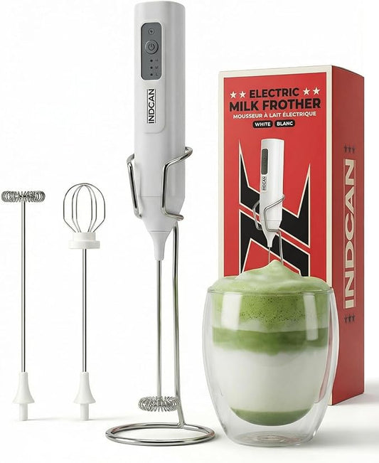 INDCAN Rechargeable Milk Frother Handheld, Electric Coffee Frother Wand with Stainless Steel Stand, 3-Speed Foam Maker with 2 Whisks, USB-C Drink Mixer for Latte, Cappuccino, Matcha (Elite, White)
