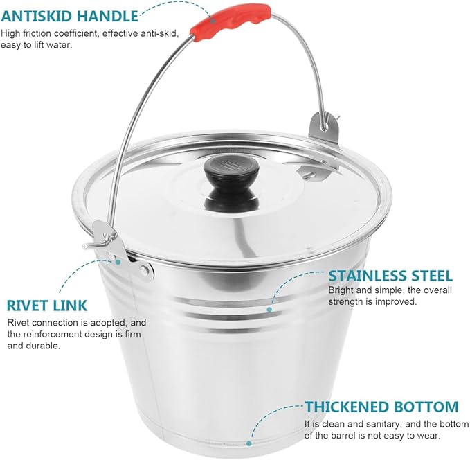 1pc Milk Bucket Multi-Purpose Bucket Multi-Functional Pail Durable Pasture Storage Stainless Steel Round Water Ice with Lid Ranch Milking