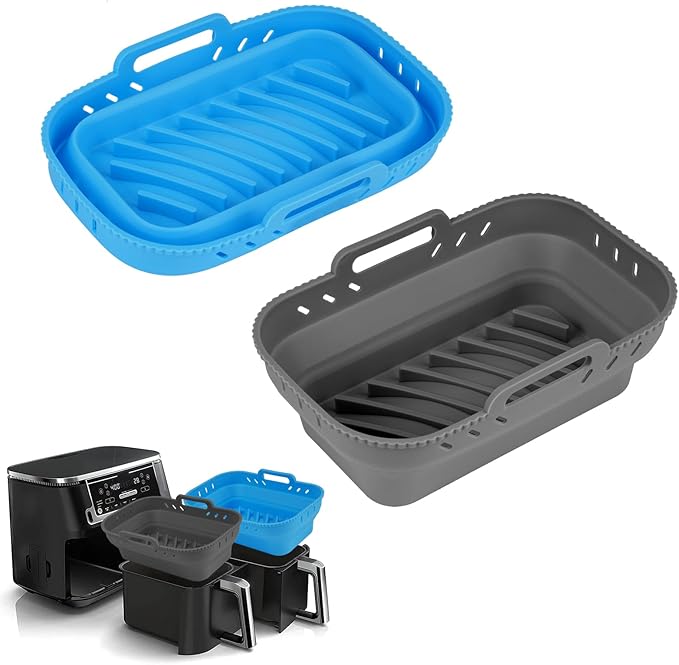 Air Fryer Silicone Liners, 7.56 x 5.12 inch Small Rectangle Collapsible Airfryer Liner, Reusable Non-Stick Baking Trays for Ninja DZ201/DZ401/DZ550 Dual Air Fryer, 2 Pack (Grey+Blue)