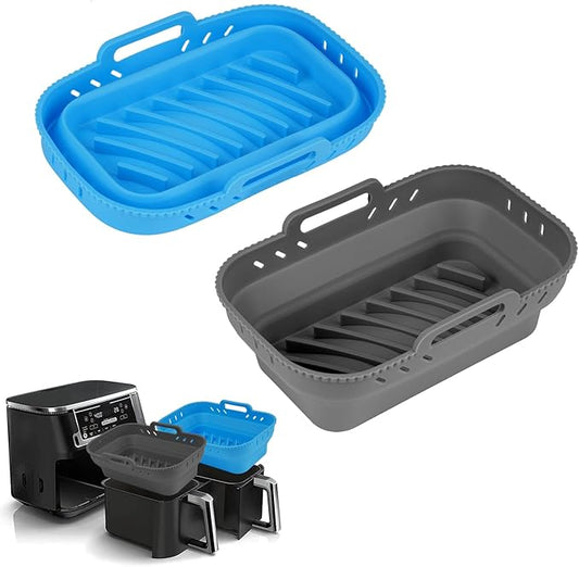 Air Fryer Silicone Liners, 7.56 x 5.12 inch Small Rectangle Collapsible Airfryer Liner, Reusable Non-Stick Baking Trays for Ninja DZ201/DZ401/DZ550 Dual Air Fryer, 2 Pack (Grey+Blue)