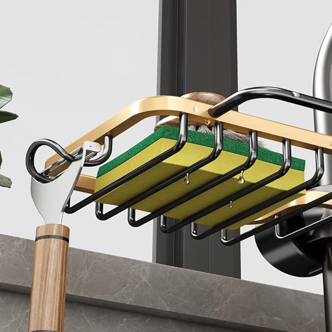 Stainless Steel Drying Rack with Dishcloth Rack, Over Faucet Hanging Kitchen Sink Organizer, Space Saving, Golden
