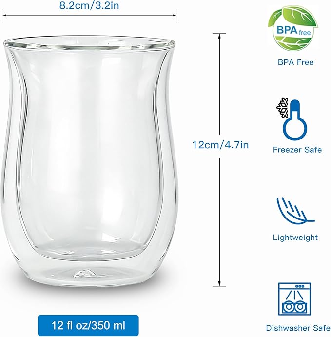Easyworkz Double Walled Glass Coffee Mugs,Set of 2 (12 fl oz / 350ml) - Clear Borosilicate Glass Cups for Coffee, Tea, Whiskey, Cocktails & All Beverages