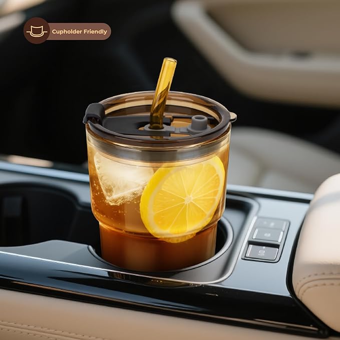 Zukro 13 oz Glass Iced Coffee Cups with Lid and Straw, Leak Proof Glass Tumbler for Ice Tea, Water, Non-Slip Silicone Bottom, Thick Wall Drinking Glasses for Home/Office, BPA Free, Shrimmer 2 Pack