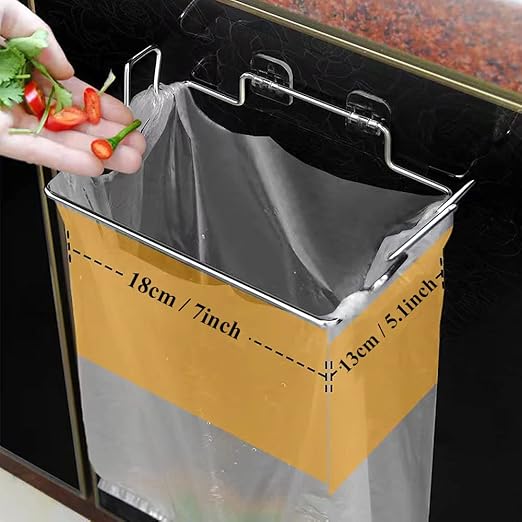 Trash Bag Holder for Cabinet Doors & Cupboards, Wall Mount Garbage Bag Holder with Adhesive Base Sticker Stainless Steel Under Sink Bag Holder Plastic Bag Holder for Kitchen Trash Can Bag Holder