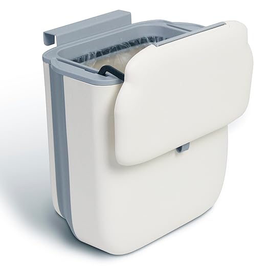 Soddeph 3.2 Gallon Collapsible Trash Bin with Lid for Hanging, Kitchen Waste Bin, Wall-Mounted Plastic Garbage Can for Counter, Under Sink, RV (Beige with lid)