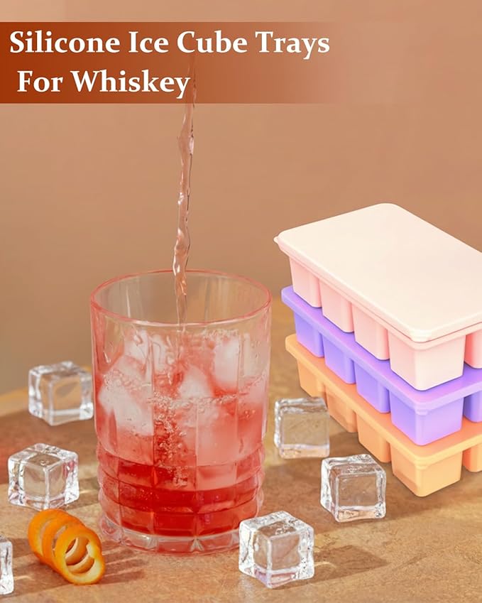 Large Silicone Ice Cube Trays with Lids, ZDPMK 3 Pack Large Whiskey Ice Cube Molds, Easy‑Release 2 Inch Square Big Ice Cube Molds for Freezer, Cocktails, Iced Coffee, Baby Food, Dishwasher‑Safe