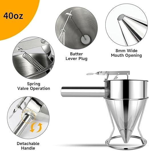 40 OZ Multi-Functional Pancake Batter Dispenser, Multi-Caliber Stainless Steel Funnel Cake Dispenser with Stand Great for Pancakes,Cupcakes,Chocolate Balls and Baked Goods (1200ml)
