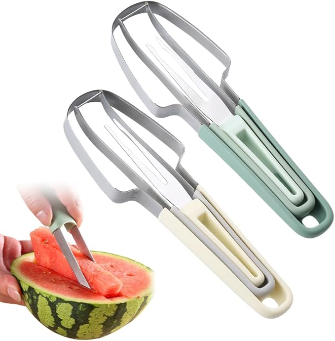 3-in-1 Watermelon Fork Slicer, 2024 New Stainless Steel Popsicle Cutter Tool, Quickly Fruit Cutting Tool for Camping Kitchen Gadgets (Green+Beige)
