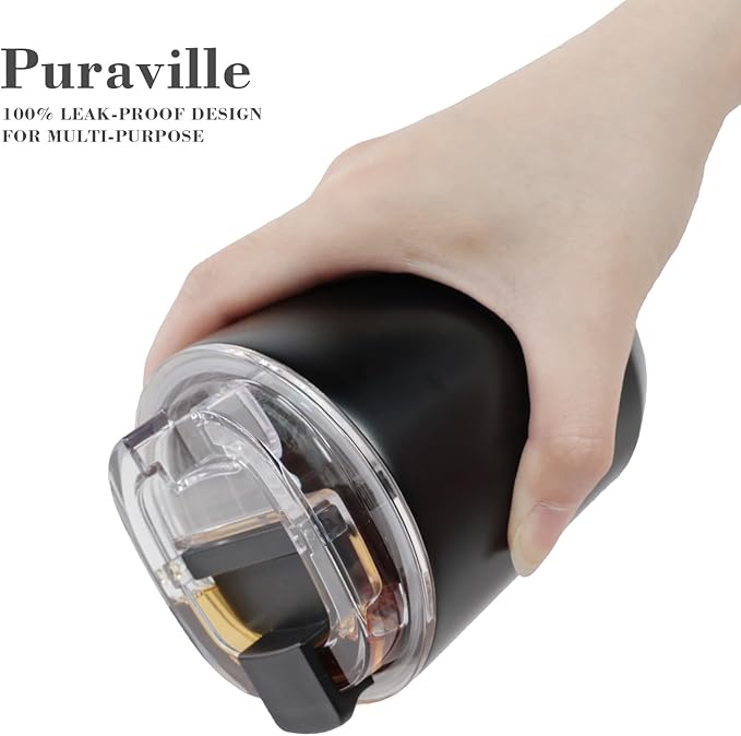 Puraville Insulated Tumblers with Lid, 10 oz Travel Coffee Mug Stainless Steel Vacuum Cup, Leak Proof Reusable Double Walled Coffee Tumbler for Iced and Hot Drinks, Black