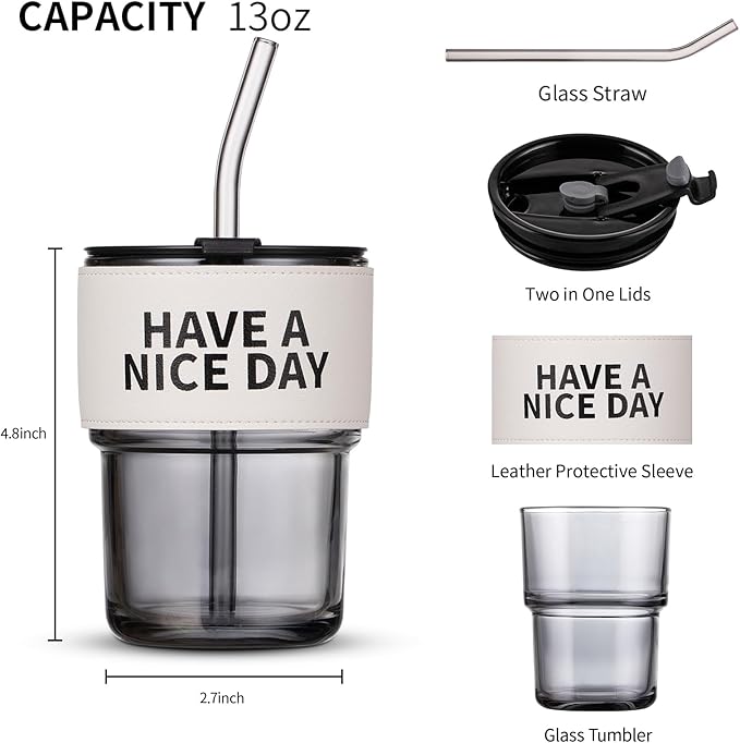 BLUEPOLAR 13oz/400ml Glass Water Tumbler with Straw and Lid Sealed Carry on Thick Wall Iced Coffee Cup for Water, Iced Tea, Fruit Juice (Have a Nice Day)