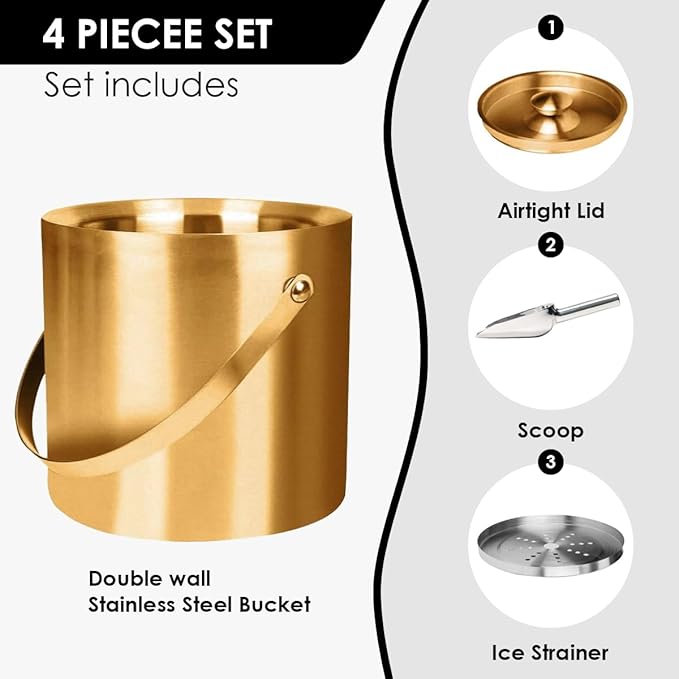 3L Double Wall Insulated Stainless Steel Ice Bucket with scoop & Strainer for Cocktail Bar,Metal Ice Bucket for freezer with Lid for parties.ice Container to Keep Ice Colder,bar cart accessories(gold)