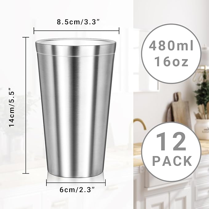 Stainless Steel Cups, 16 oz Insulated Tumbler, 12 Pack Double Wall Unbreakable Stackable Water Tumblers Insulated Metal Cup Premium Drinking Glasses for Travel Camping Home Outdoor