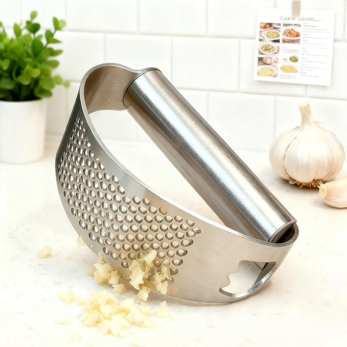 Garlic Presses,Stainless Steel Garlic Presser, Garlic Press Rocker Heavy Duty Stainless Steel Garlic Mincer, Garlic Chopper with Peeler And Cleaning Brush for Smash Garlic Kitchen Tools(2Set)