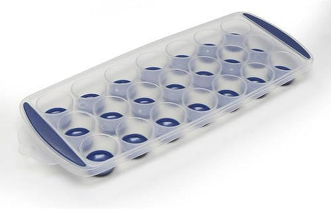 Ice Cube Tray with Flexible Silicone Bottom, 21 Round Cavities, Push Pop Design, Easy Release, 11.25x4.5x1.5 Inches, 1-Tray Per Pack in Random Color