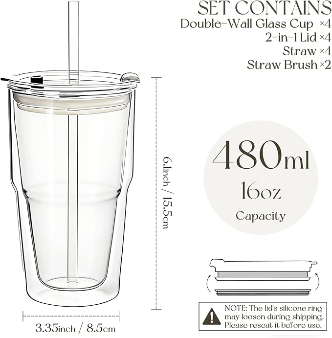 KEMORELA Set of 4 Double-Walled Glass Cups, 16 oz / 480 ml Insulated Tumblers for Iced Coffee, Latte, Matcha, Smoothies, Bubble Tea & Cold Drinks – Clear Modern Glassware, Reusable for Home & Parties