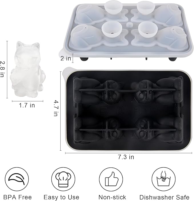 Cat Ice Cube Tray Mold - 2pcs, 3D Cat Shape Ice Cube Trays, Cute Ice Cube Molds for Whiskey Bourbon, 4-Hole Large Fun Shapes Ice Cube Trays, Funny Cats Gifts for Cats Lovers Women Men